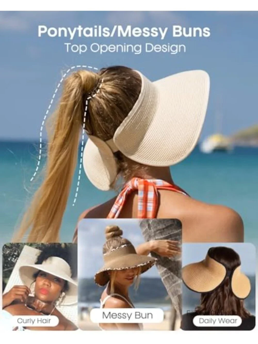 Wide Brim Sun Hat Straw Visor Ponytail UPF 80+ Packable Foldable Beach Travel